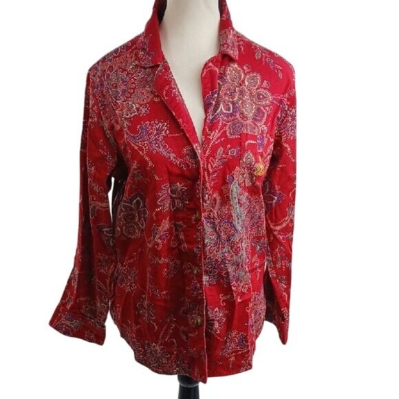 Lauren Ralph Lauren Pajama Top Womens Size M Red Floral Paisley Button Down - Picture 1 of 7